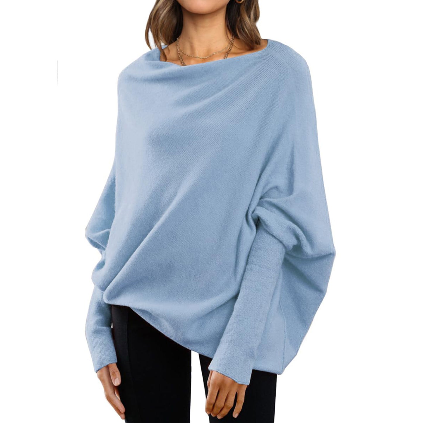 "Loose Bat Sleeve Sweater Tops – the perfect blend of simplicity and casual fashion. Designed with a versatile solid color and a classic round neck, this sweater offers effortless style and comfort for any occasion."