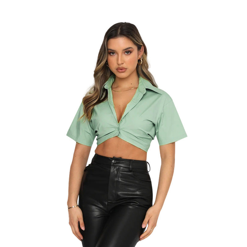 Summer Short-sleeved Cotton Solid Color Cute Single-breasted Lapel Shirt For Women