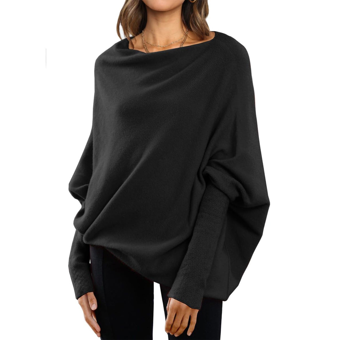 "Loose Bat Sleeve Sweater Tops – the perfect blend of simplicity and casual fashion. Designed with a versatile solid color and a classic round neck, this sweater offers effortless style and comfort for any occasion."