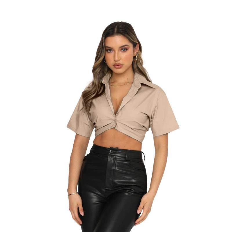 Summer Short-sleeved Cotton Solid Color Cute Single-breasted Lapel Shirt For Women