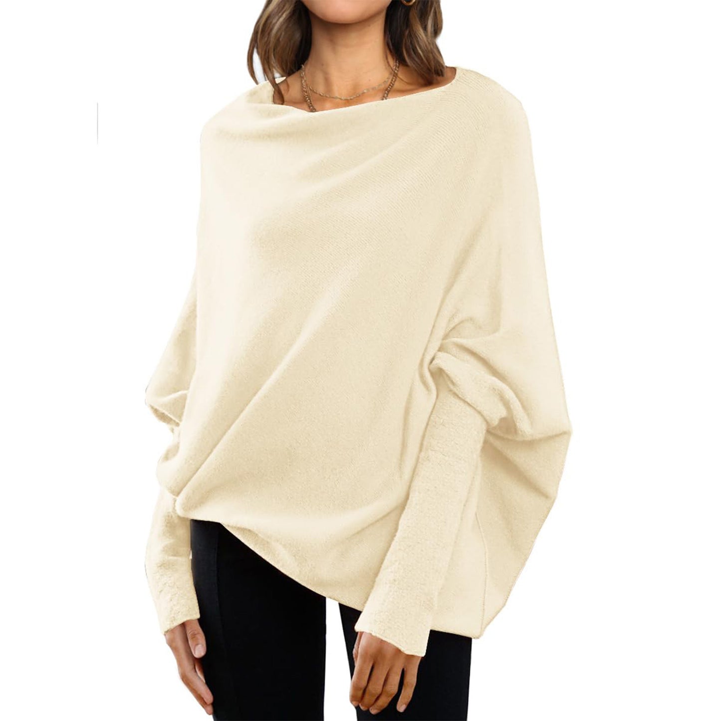 "Loose Bat Sleeve Sweater Tops – the perfect blend of simplicity and casual fashion. Designed with a versatile solid color and a classic round neck, this sweater offers effortless style and comfort for any occasion."