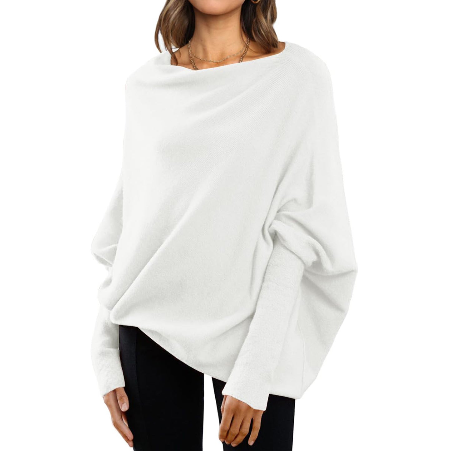 "Loose Bat Sleeve Sweater Tops – the perfect blend of simplicity and casual fashion. Designed with a versatile solid color and a classic round neck, this sweater offers effortless style and comfort for any occasion."